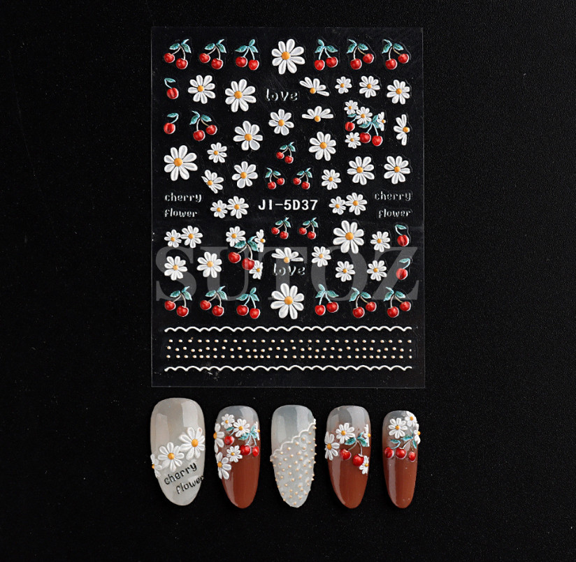 5D Embossed Whit Yellow Daisy Flower Cherry Love Nail Stickers Manicure DIY NS54