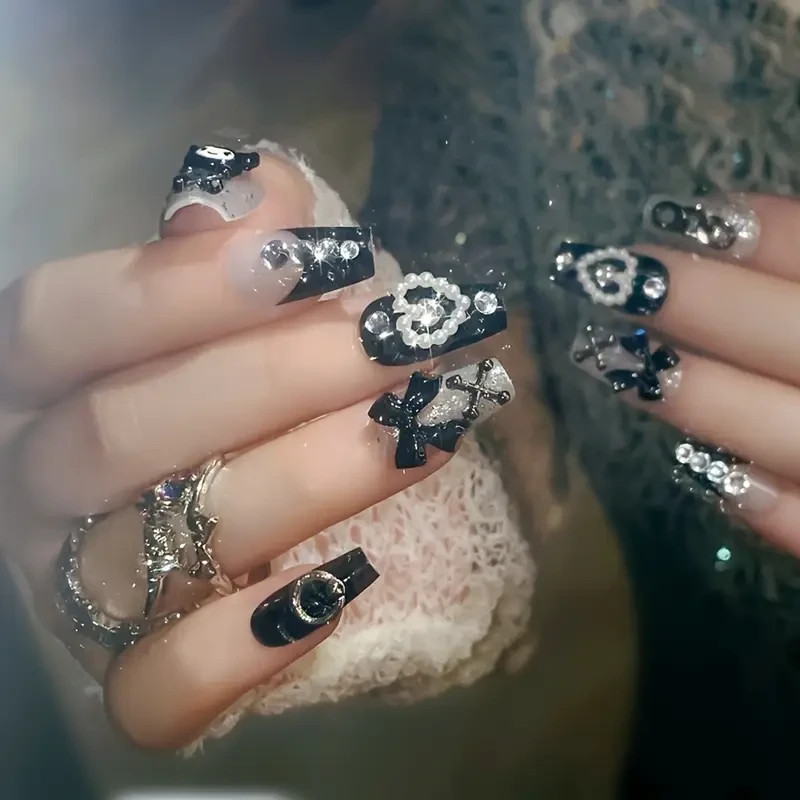 Handmade Long Ballet Press-On Jelly Nails 24 pcs Set Glitter Sanrio Kuromi