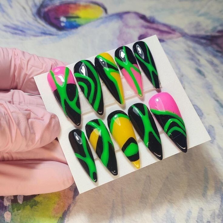 Neon geometric Long Stilleto Press On Nails Pink Green Black False Nails