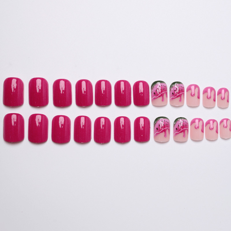48Pcs-Summer Square False Nails Hot Pink Drip Watermelon Glossy Press on Nails