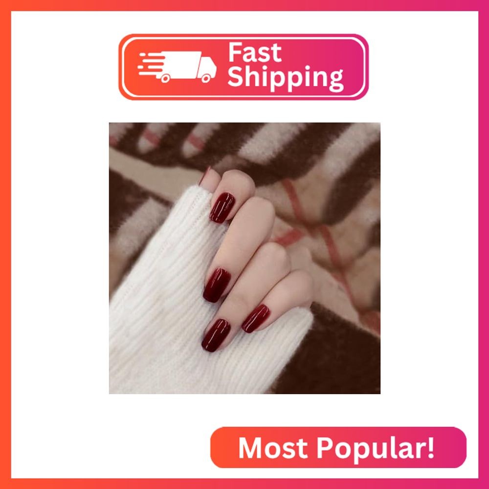 LINSSQ Glossy Dark Wine Red Press on Nails,Short Squoval False Nails,Beauty Soli