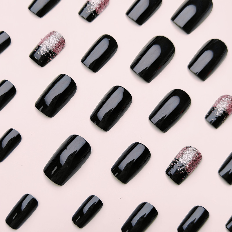 48Pcs-Black Gloss Coffin Press on Nails Rose Gold Glitter Gradient Tip Fake Nail