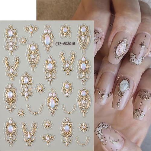 Baroque Nail Art Stickers 5D Embossed Gold Sliver Nail Decals Retro Style-4
