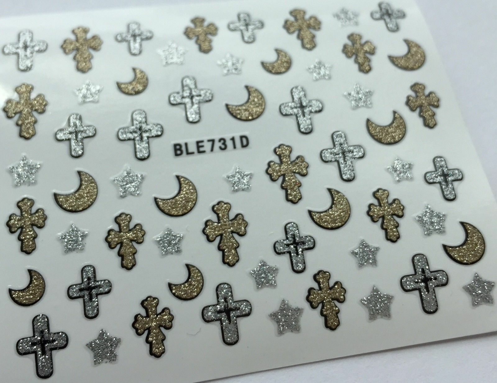 Nail Art 3D Glitter Decal Stickers Gold & Silver Cross Moon Stars BLE731D