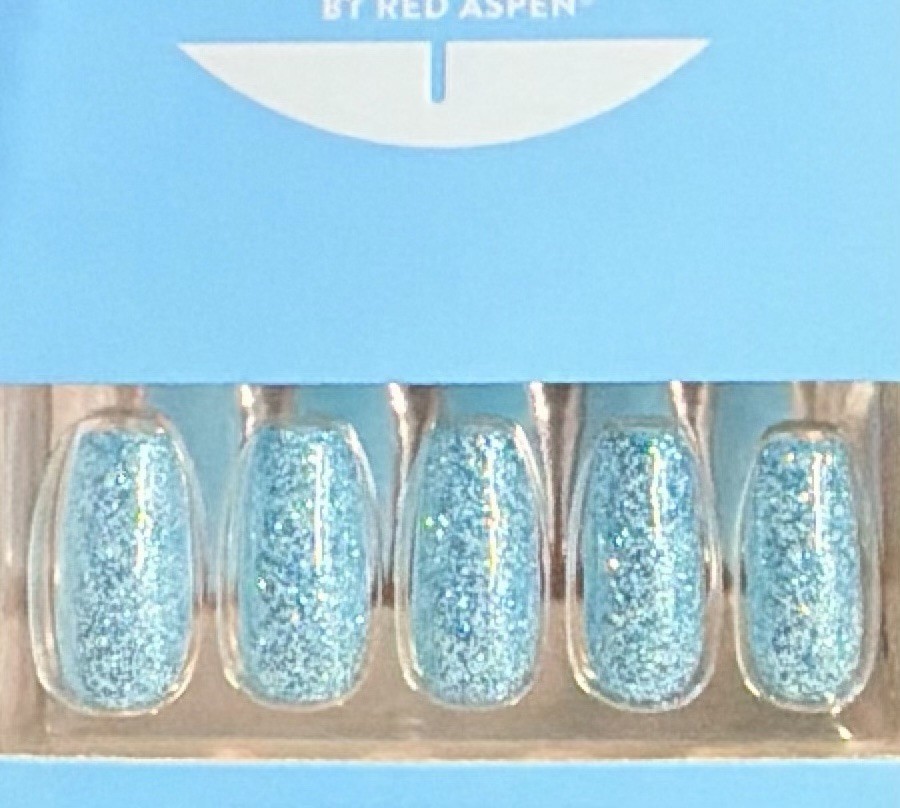 Red Aspen Press On Acrylic Long Coffin Blue Glitter Affable Angie 🦋