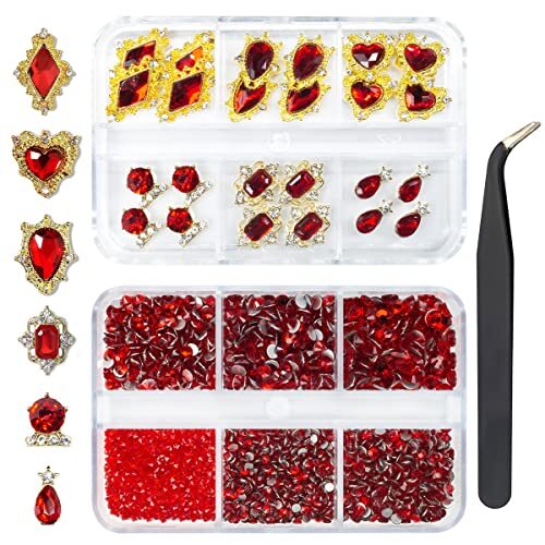 24pcs Red Luxury Nail Charms +2000pcs Ruby 2 Box Luxury Style Nail Charms – Red
