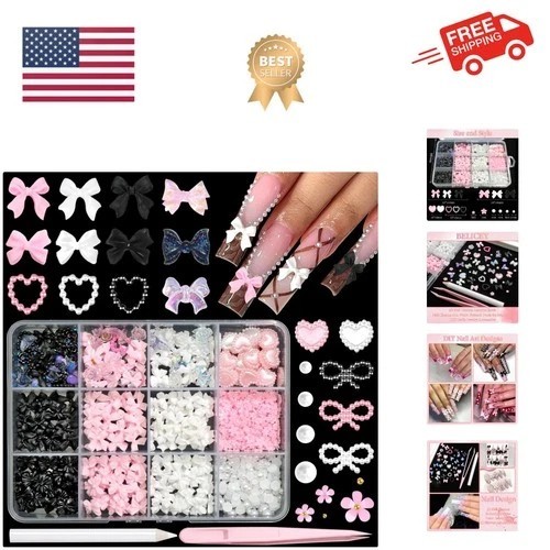 600PCS 3D Nail Charms and Flatback Pearls 3 Colors Bows Nail Art Charms Flowe…