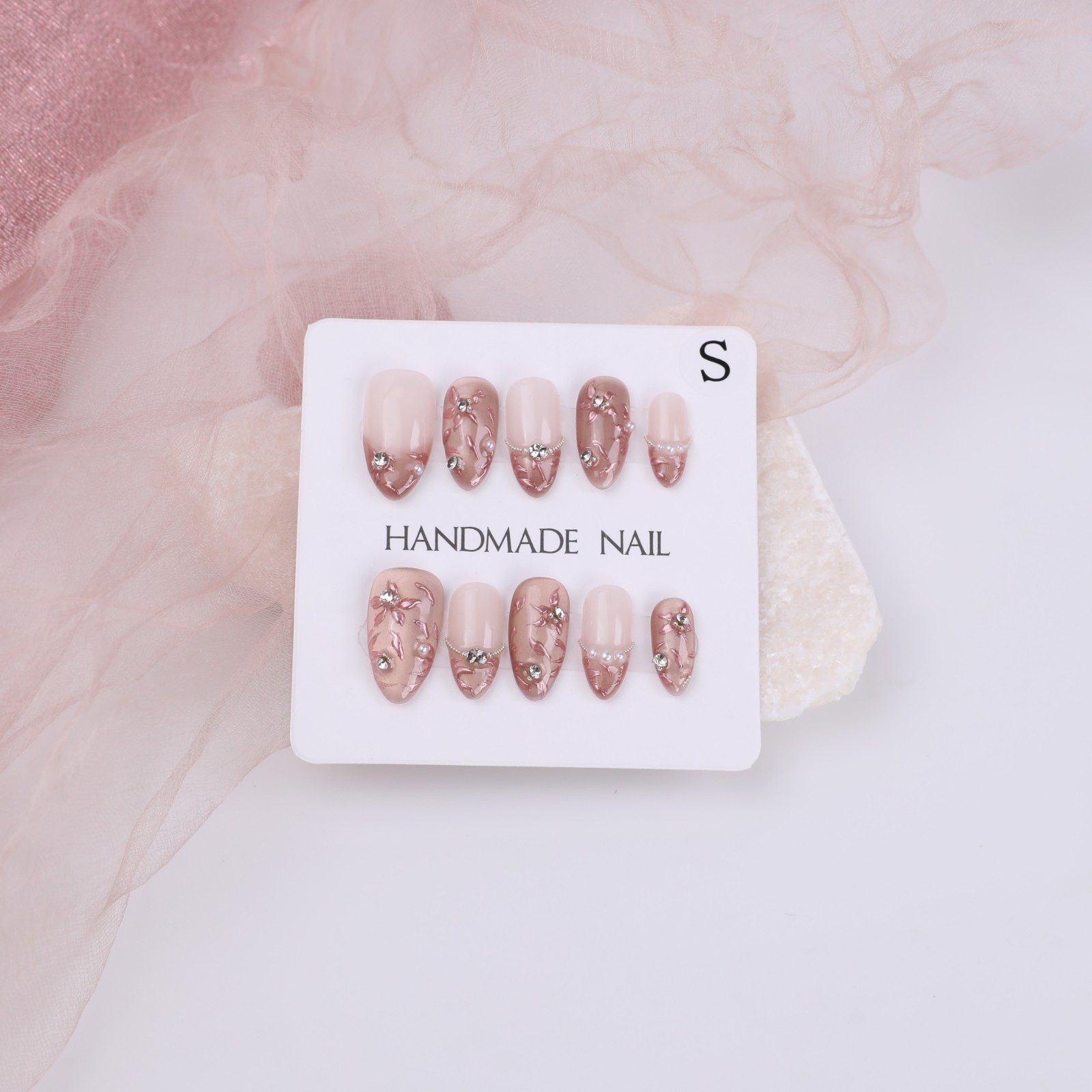Press On Nails Medium Almond Nude Pink Floral Pearl Rhinestone Wedding Nail Set