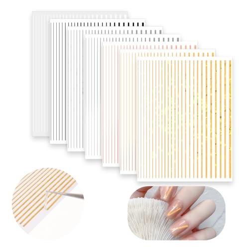 7 Sheets Line Nail Art Stickers Gold and Silver, Metallic Nail Striping for