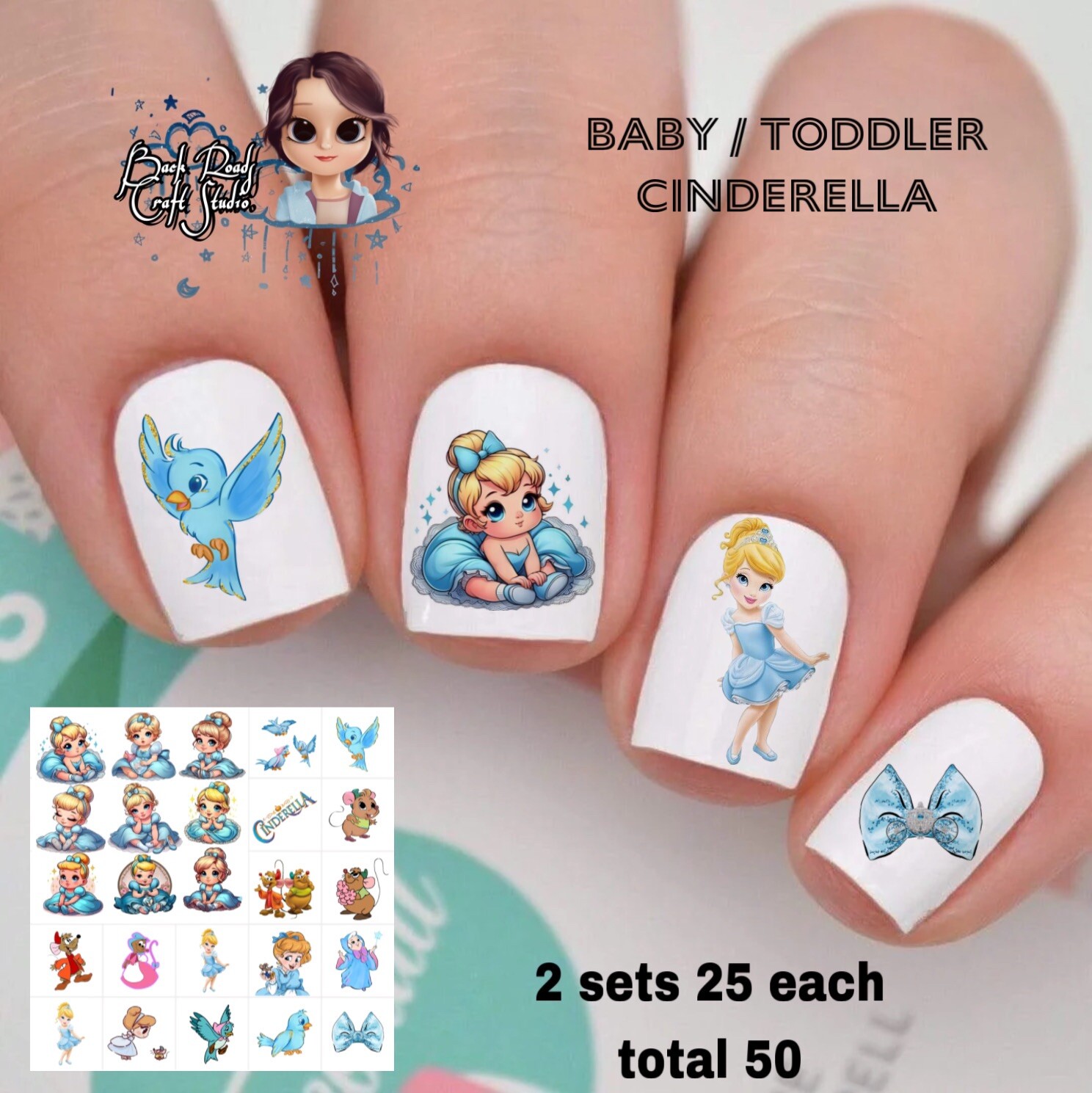 Baby Toddler Cinderella Waterslide Nail Decals Set Of 50 Instructions & Bonus