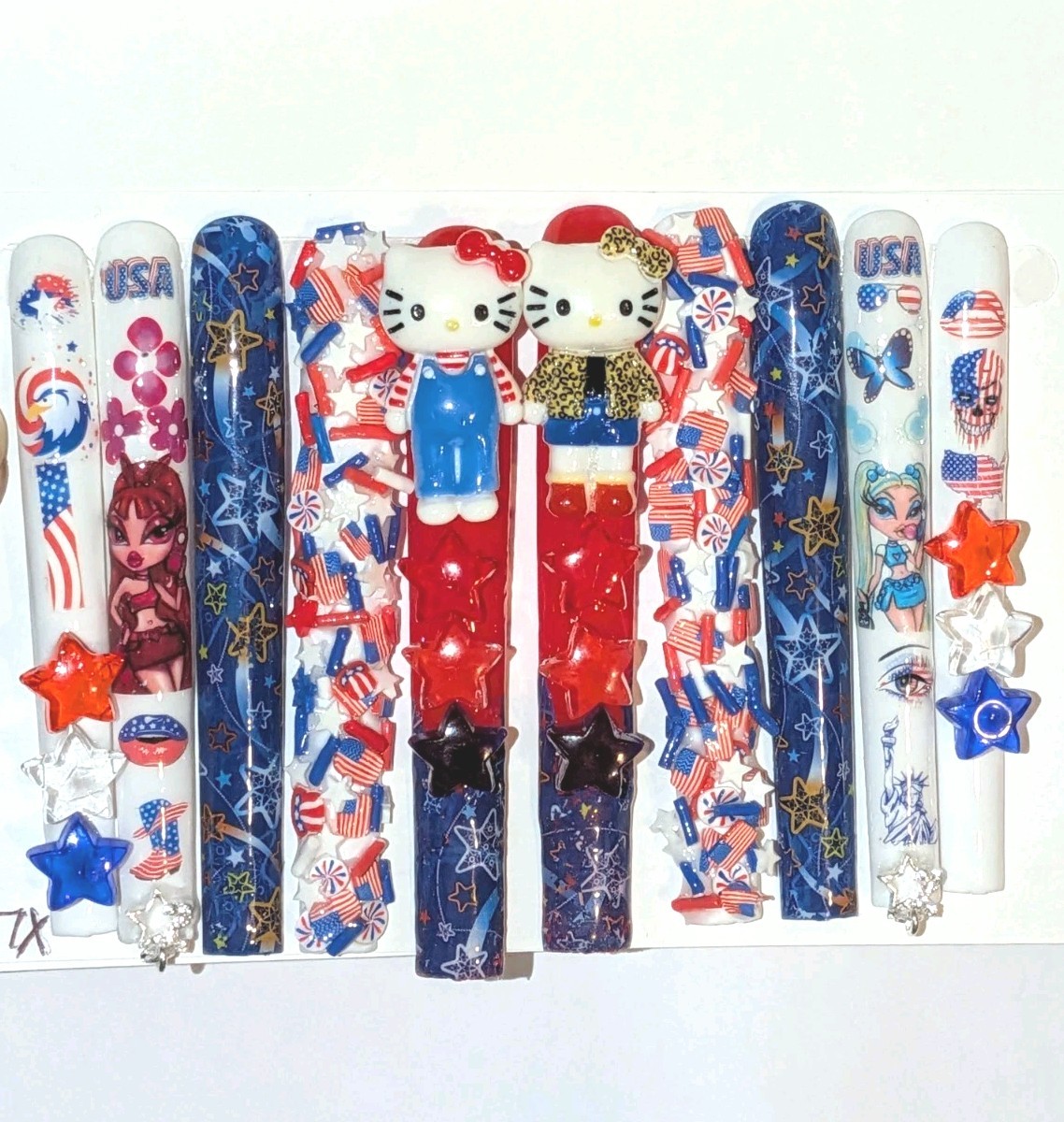 Hand Crafted Patriotic 6Xl Press-On Nails Set — Red,White & Blue Stars SZ XL