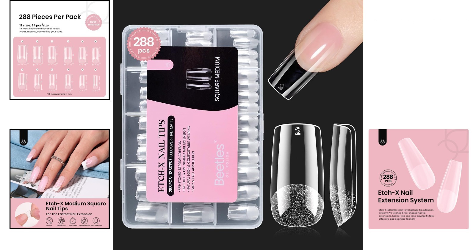 Beetles Gel Nail Tips Etch-X: 288 Pcs, 12 Sizes for Effortless Nail Extensions