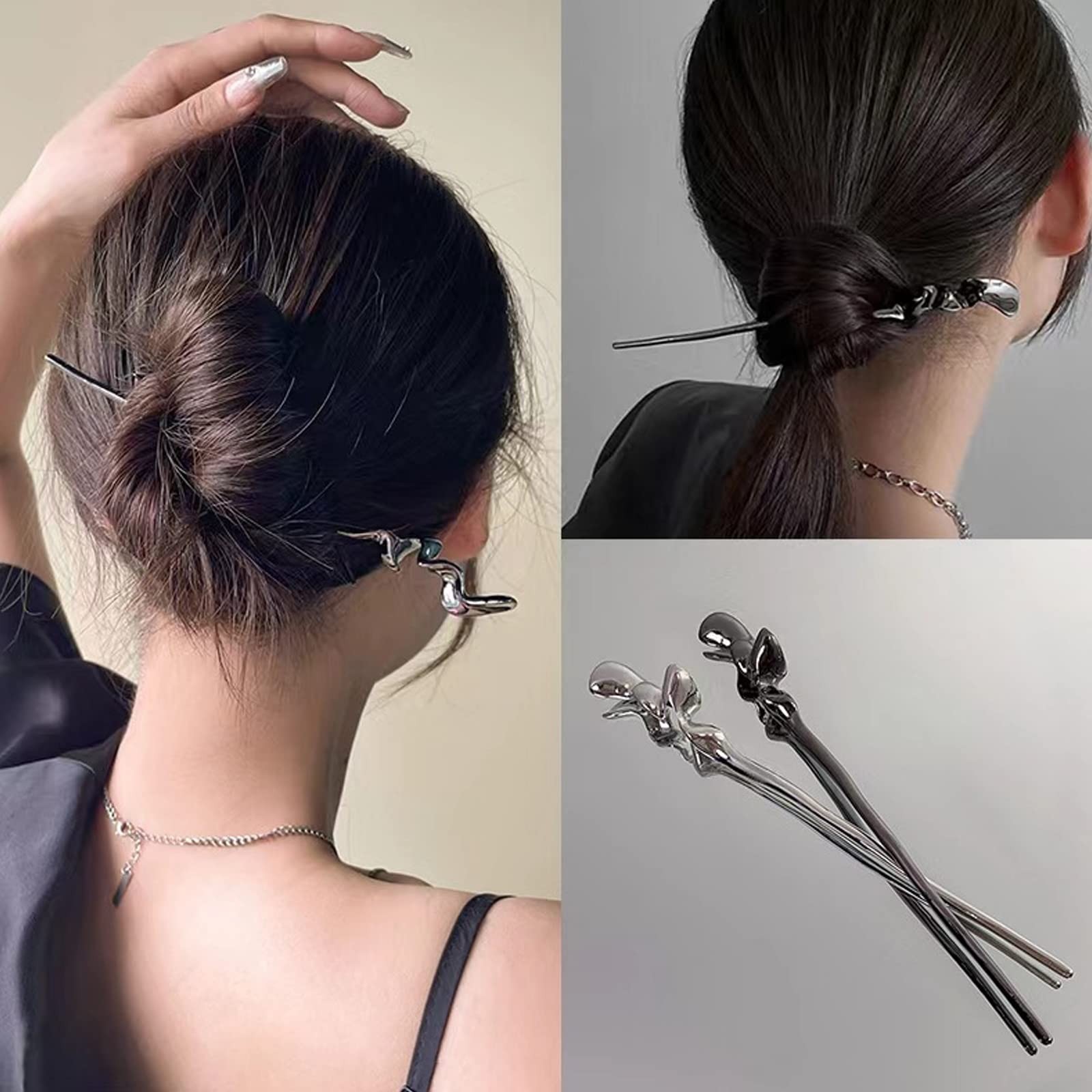 2Pcs Irregular Lines Hair Chopsticks, Chinese Sticks Silver, Black