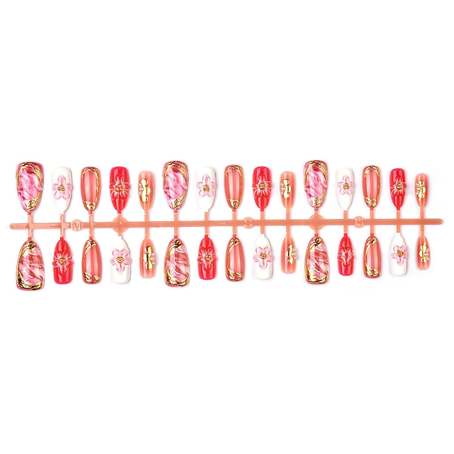 30Pcs Pink Flower Press on Nails Handmade Almond Fake Nails with 3D Flower Gildi