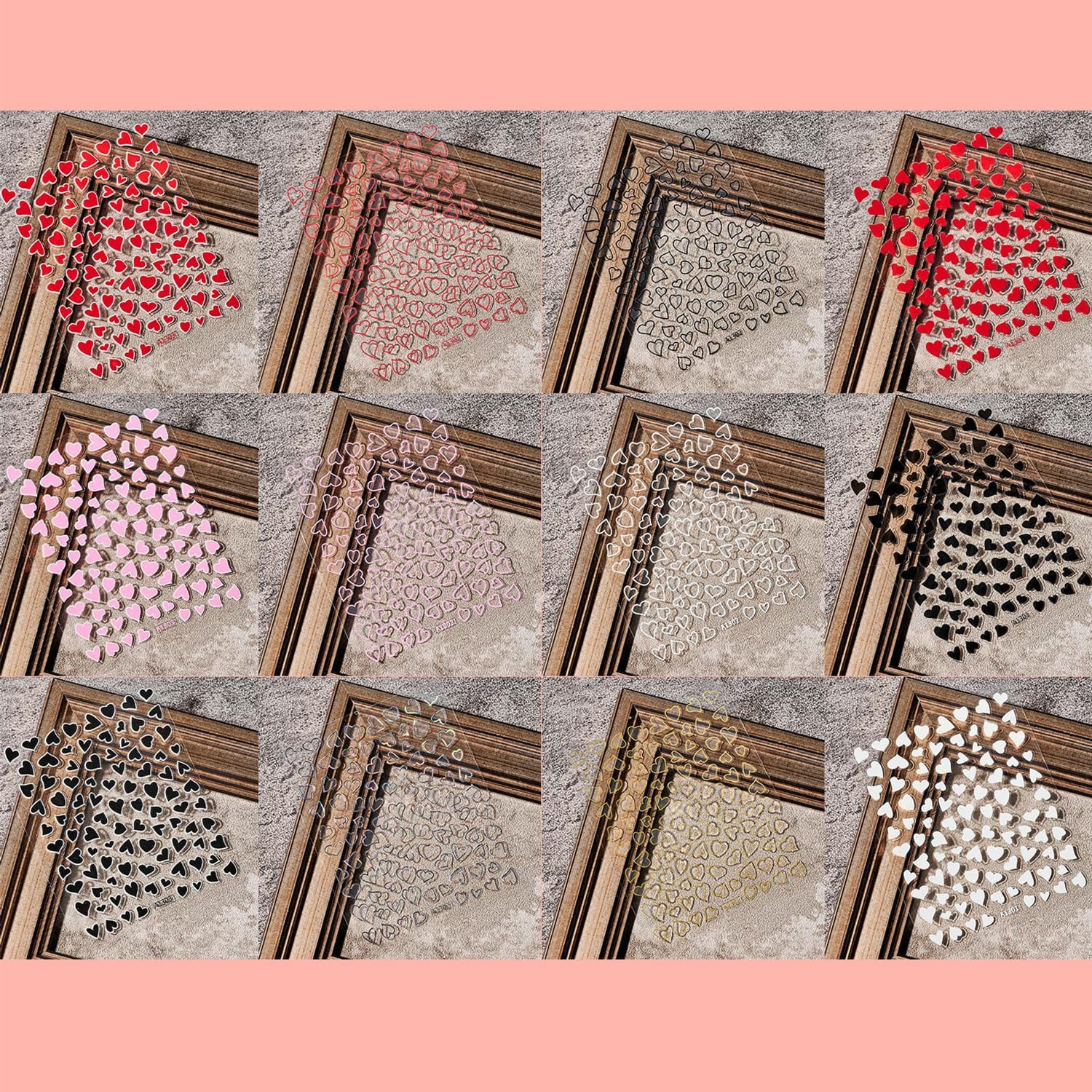 12 Pcs Valentines Day Nail Stickers, Red Pink White Black Gold Heart Stickers fo