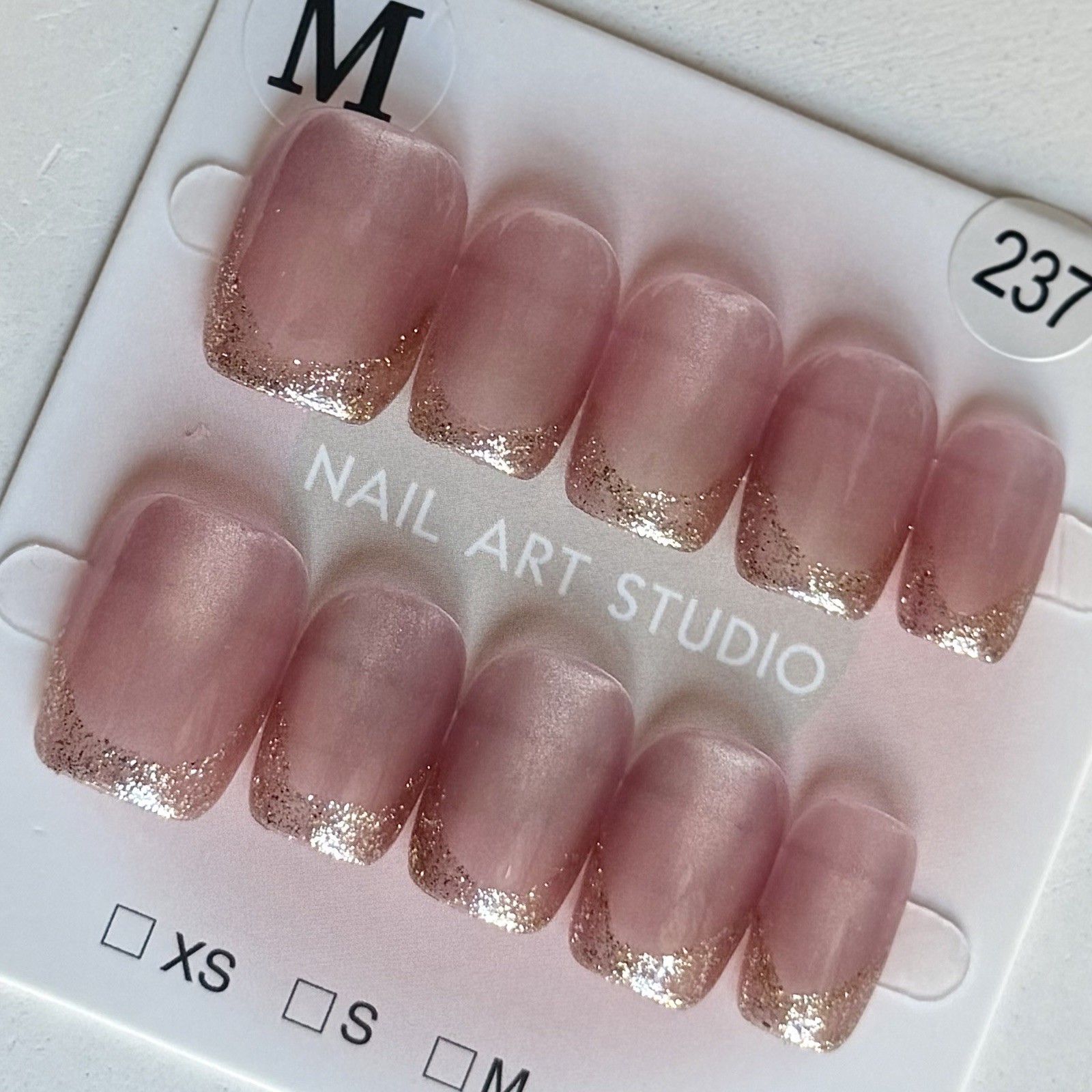 Handmade Gold French Tip Press-On Nails Short Square Size M Reusable Fake Nails