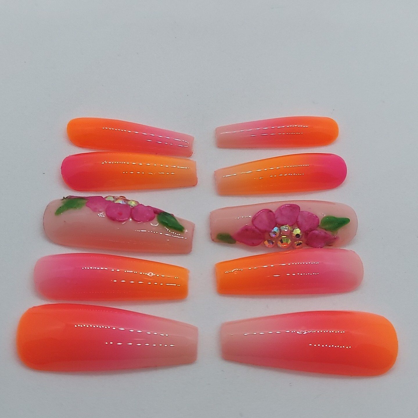 Vacation Tropical Nude Ombre Sunset Pink Orange Floral Press on Nails