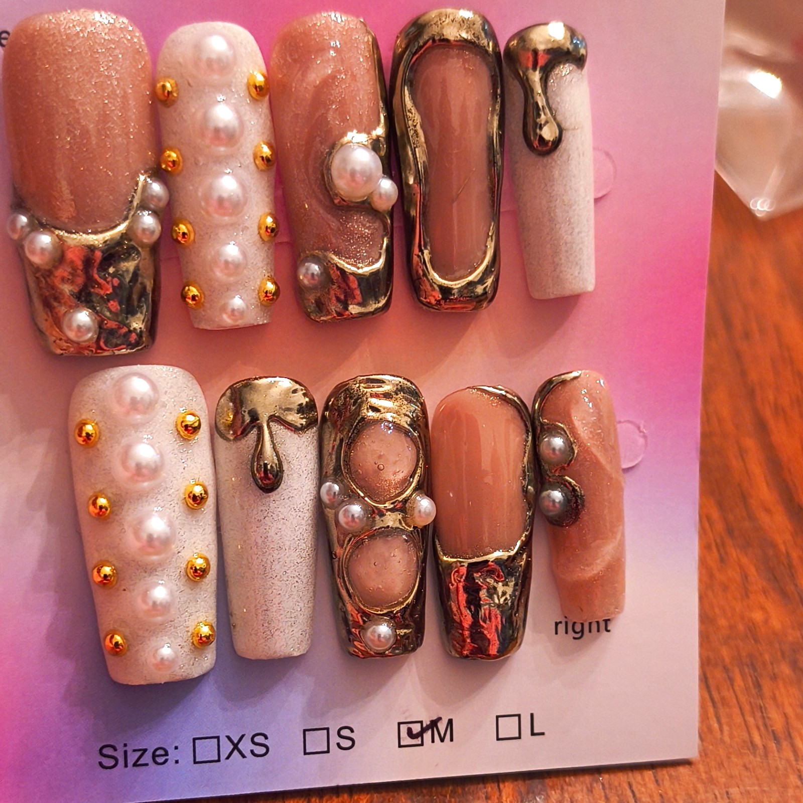 Press-On Nails Long Coffin Beige White Gold Pearl Glitter Full Cover Medium