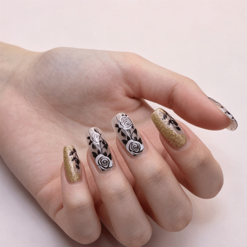 48 Pcs Black Rose Gold Glitter Oval Press on Nails, Vintage Cool Nude Fake Nails