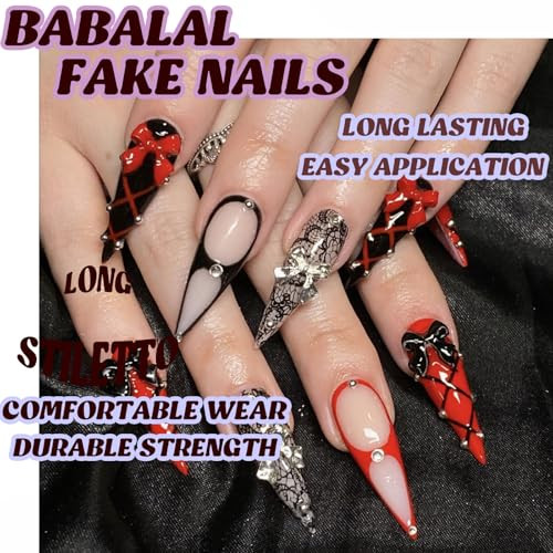 Stiletto Press on Nails Long Fake Nails Black Red Glue on Nails Bow ANS214goth