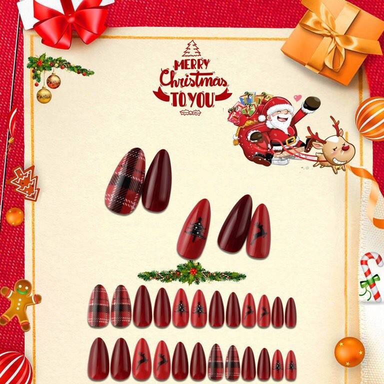 Press on nails short almond Red Tree Caro Dear 24 PCs Glue Stickers Girls Women