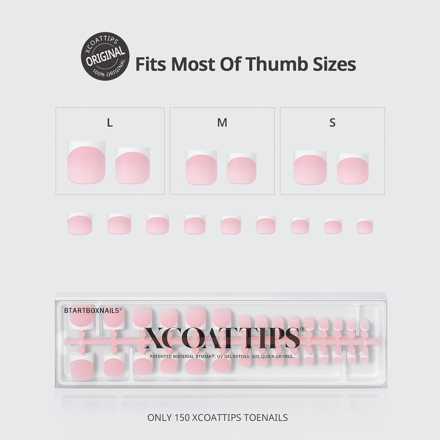 BTArtboxnails XCOATTIPS Press On Toenails, S-L, Pink, 150ct