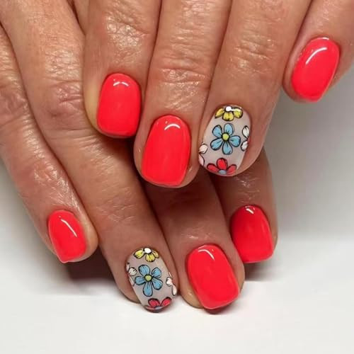 Orange Red Press on Nails Short Square Fake Nails with Design Blue Flower Glue