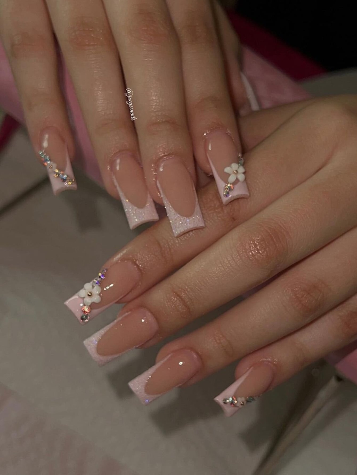 24pcs/set Long Coffin Flower Pink Glitter Fake Nails False Nails Press On Nails