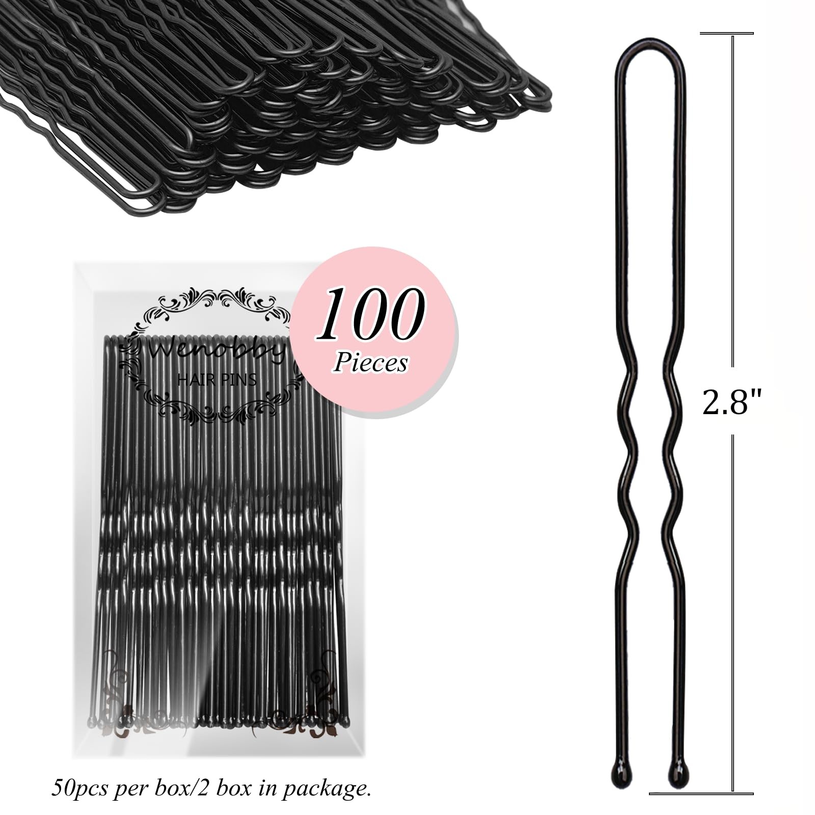 U Shaped Hair Pins for Buns, 100 PCS 2.8″ 100 Count (Pack of 1), Black