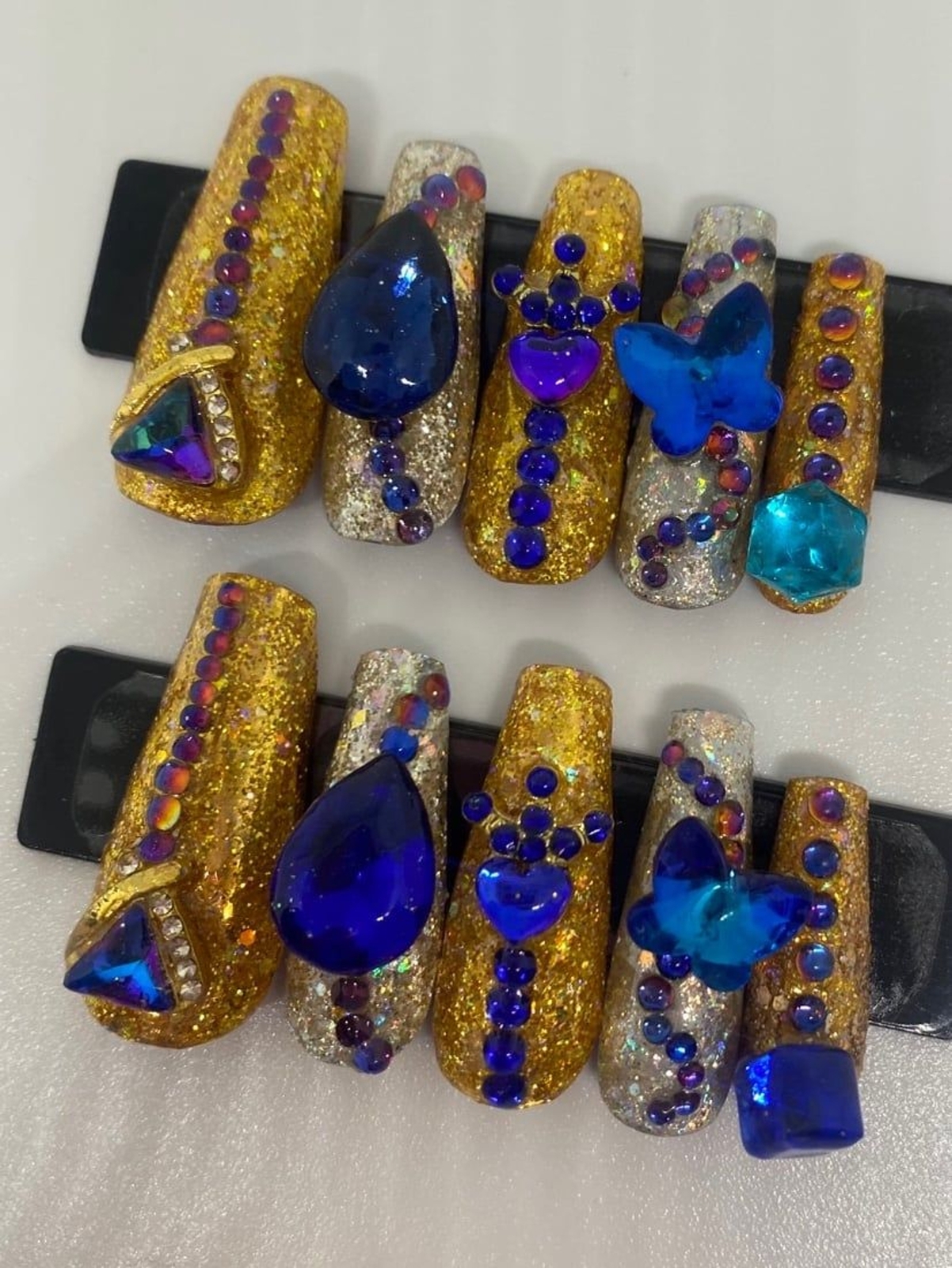 Silver and Gold Foils with Blue Jewels Handmade Press On Nail Set