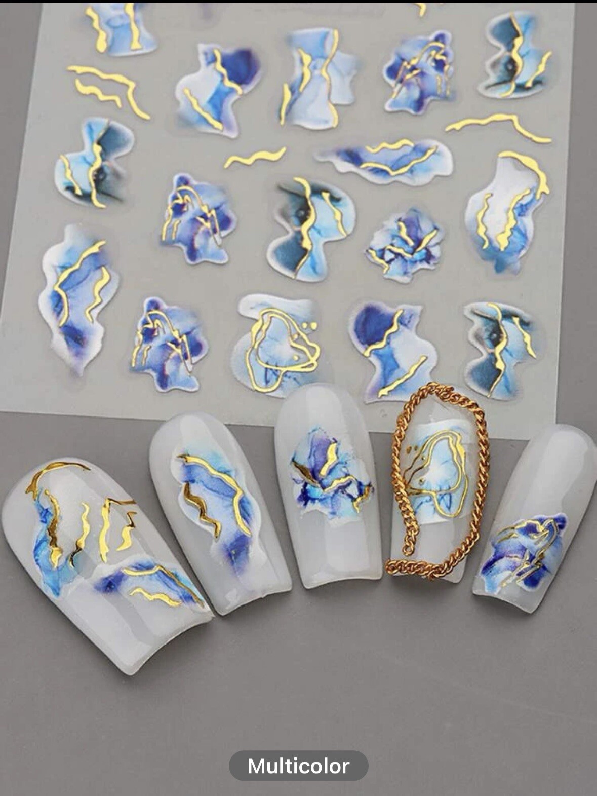 Nail Art Sticker Decal 3D Acrylic Blue Ink French Lines Marbles Golden Wave NS43
