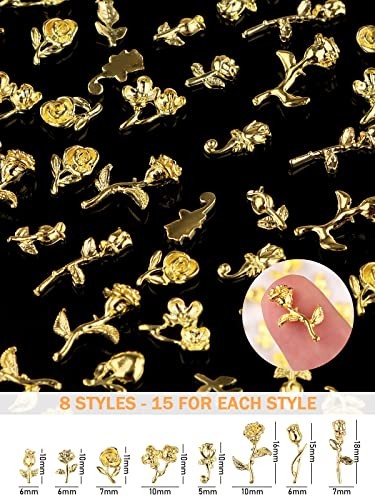 120 PCS 3D Gold Rose Nail Art Charms Romantic Flowers Nails Rose Nail Charms