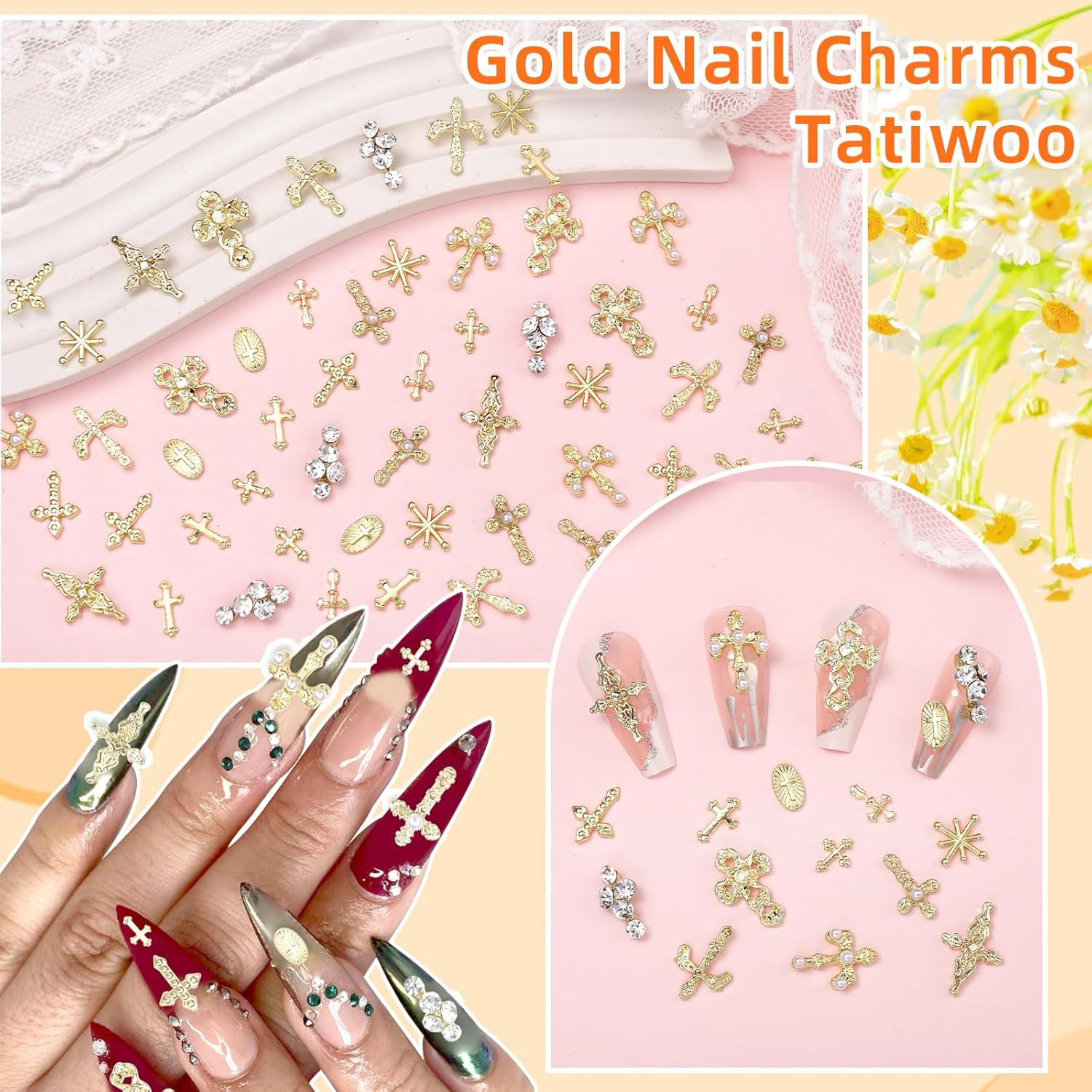 60 Pcs Gold Coss Nail Charms, 12 Styles 3D Cross Gold Nail Charms Crosses Star N