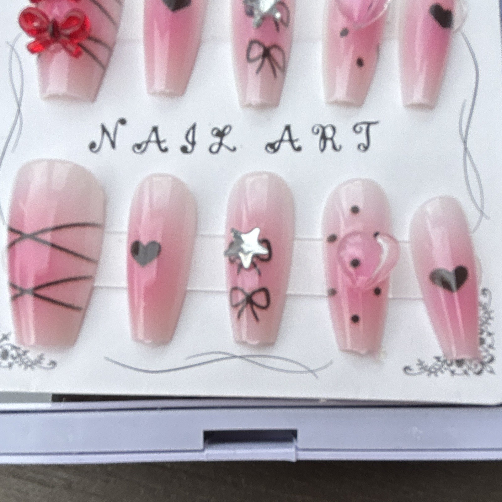 Pink/Black Press-On Nails 3D Heart Full Cover Pre-Designed Long Coffin