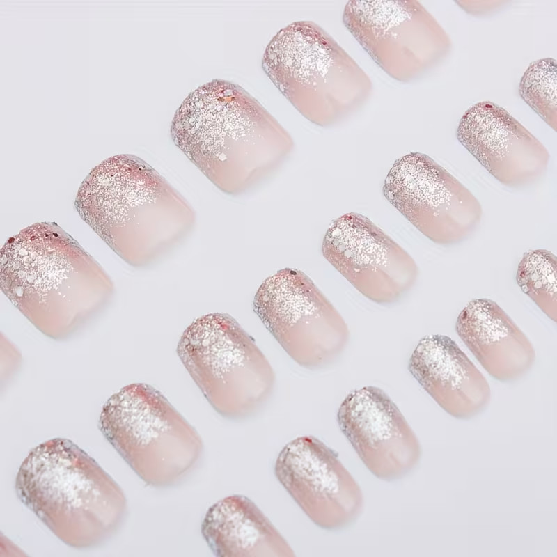 24pcs Medium Press-On Nails, Glossy, Pink and Glitter Silvery Tips
