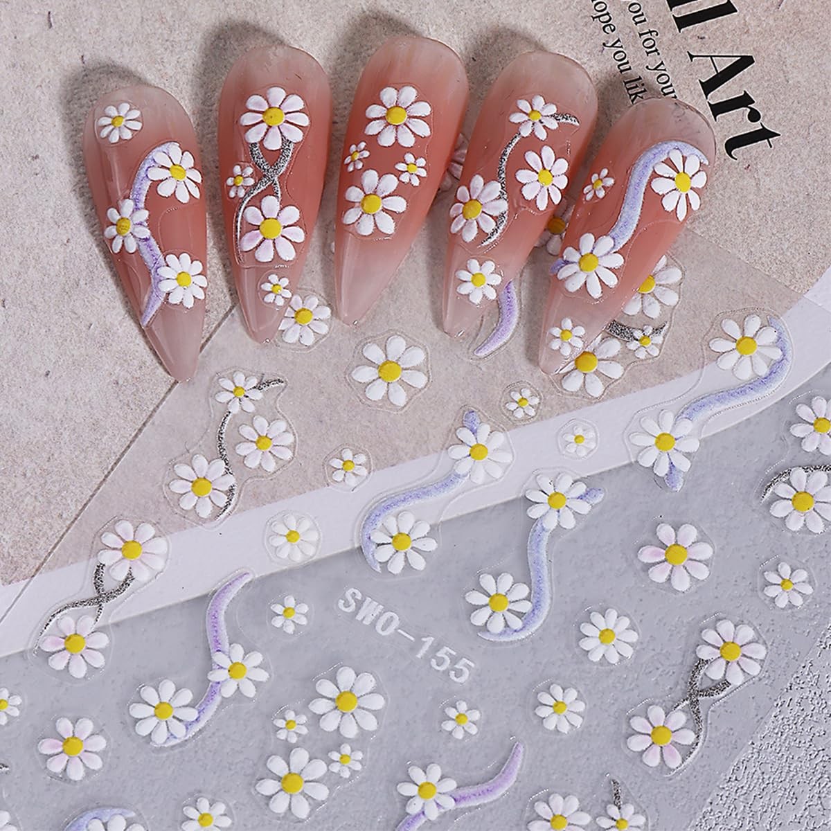 5D Embossed Flower Nail Art Stickers Pink White Floral Nail Stickers Camellia…