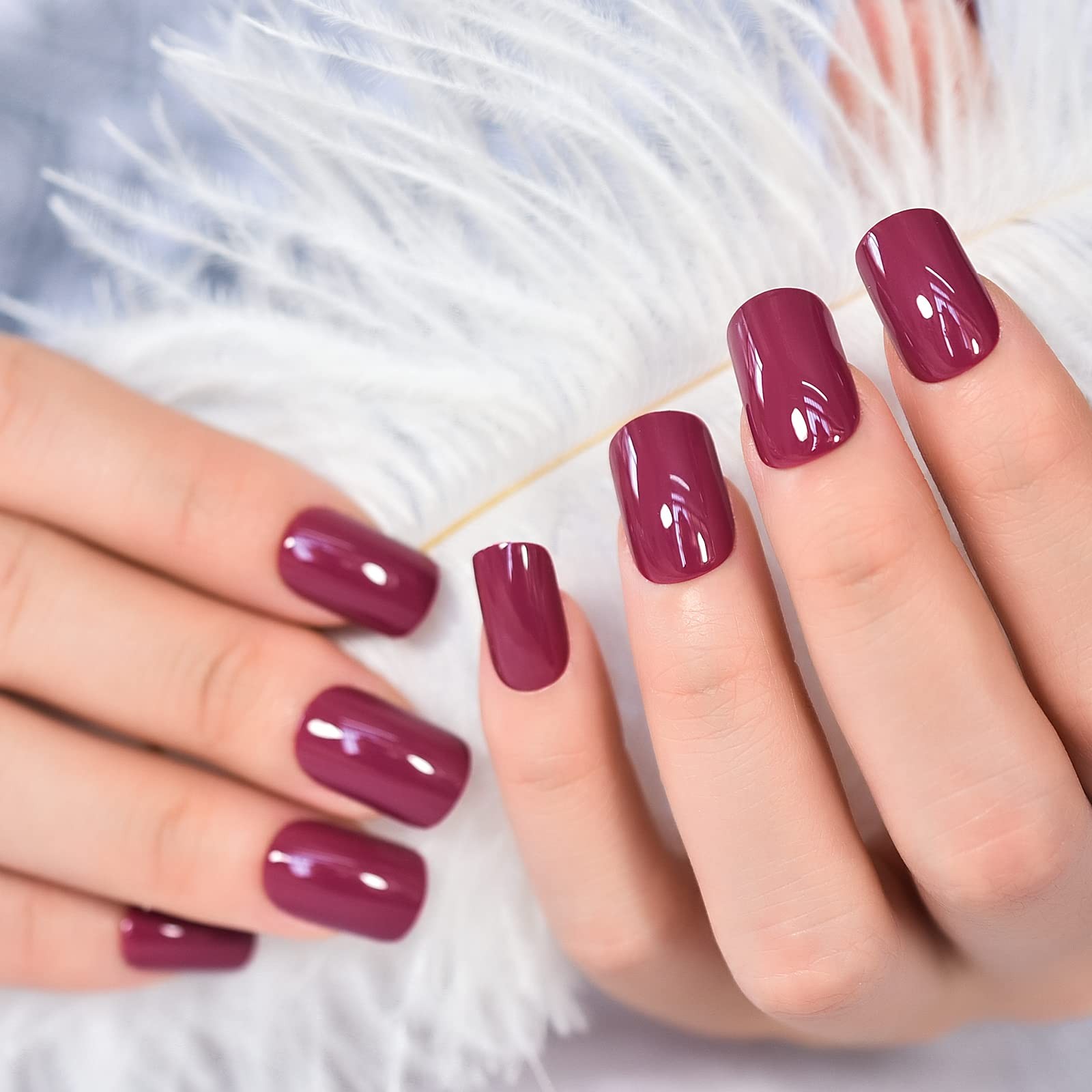 Glossy Finished Dark Rose Pink Press On Nails Medium Length Squoval Girls Nai…