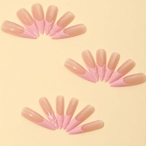 Long Press On Nails Stiletto Fake Nails French Tip False Medium Pink 3D French
