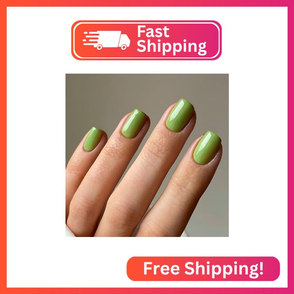 Green Press On Nails: Square, Short, Acrylic, Glossy, False, Solid Color, Glue O