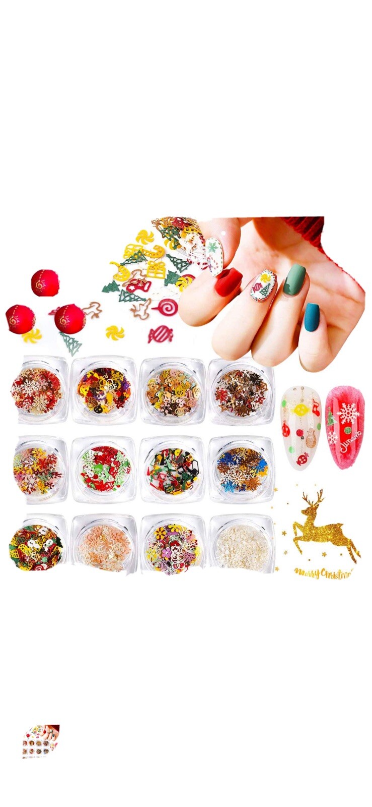 Kalolary-12 boxes Christmas Sequins Nail art Decals AND Goody Scrunchie Pink