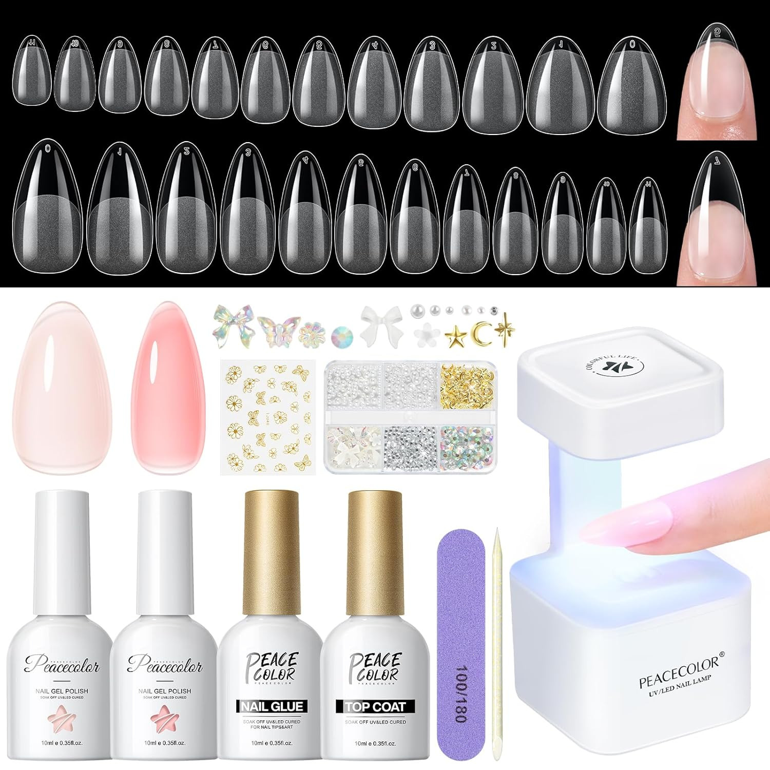 Gel Nail Kit, 240Pcs Short Medium Almond Nail Tips with U V Light 2PC Jelly Gel
