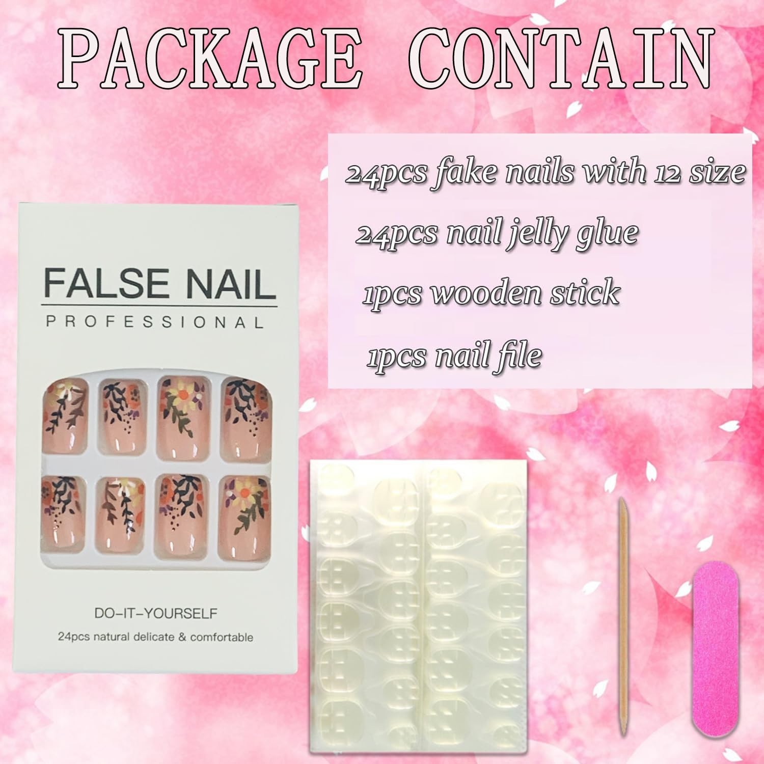 Vezocim Flower Press On Nails Medium Square Glossy Fake Nails 24PCS Floral NEW