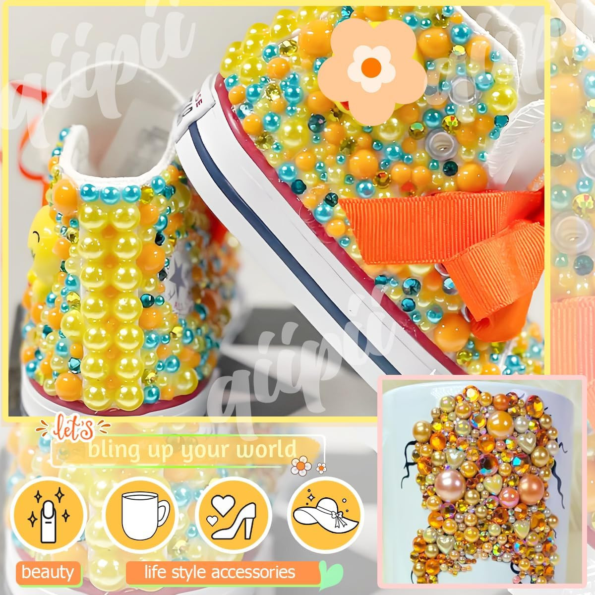 Orange Yellow 3Mm-8Mm Flatback Pearls and Rhinestones for Bedazzling Crafting Ha
