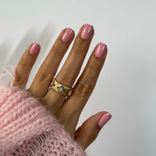 Rose Pink 48Pcs Press on Nails – Short, Square, Gel, square glossy rose pink