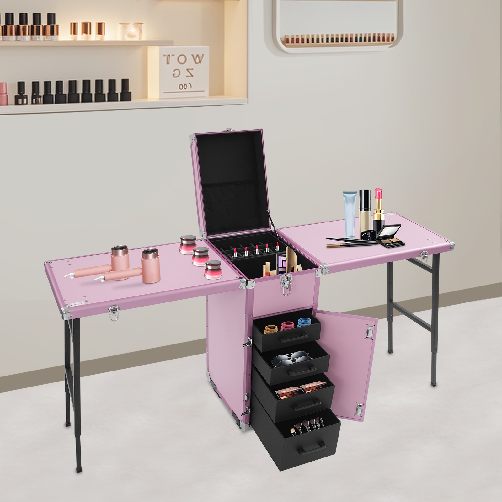 Portable Nail Table Desk, Foldable Rolling Manicure Table, 2 Desktop Case