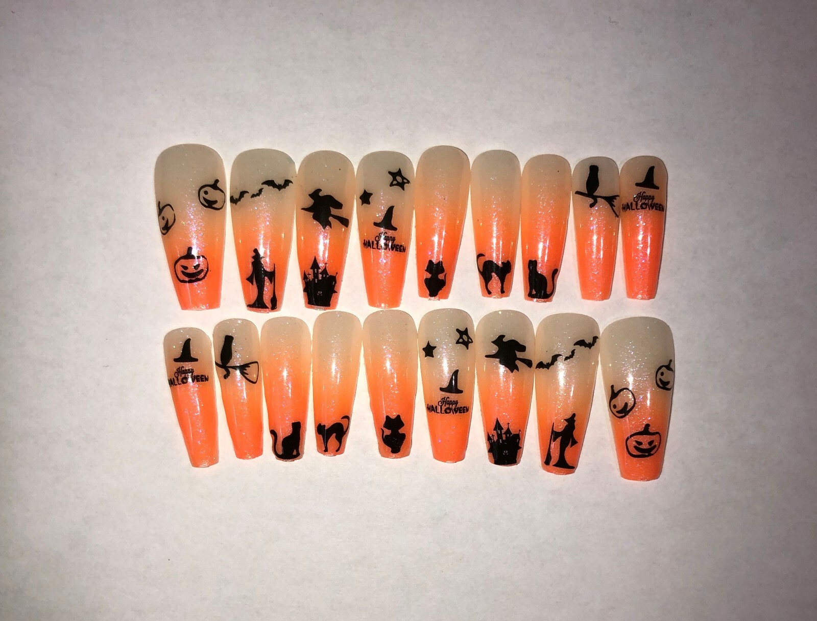Orange Sparkle- press on nail set-(Set of 18 sizes 0-8) Ex Long Ballerina