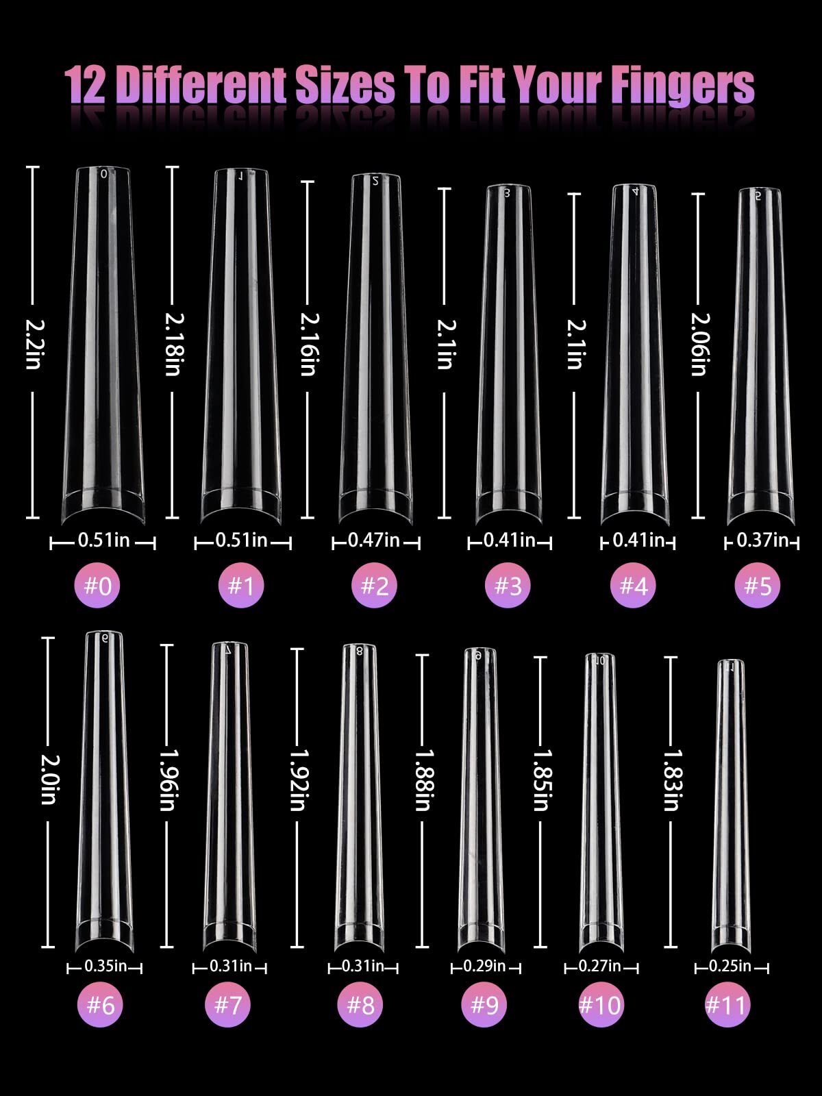 504-Piece Set of XXXL Clear Coffin Nail Tips for Acrylic Nails 12 Sizes
