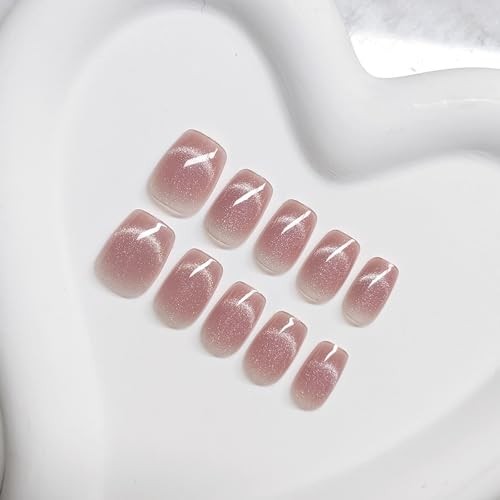 30 Pcs Press on Nails – Short Fake Nails with Glitter Cat Eyes – Blush Cat Eyes