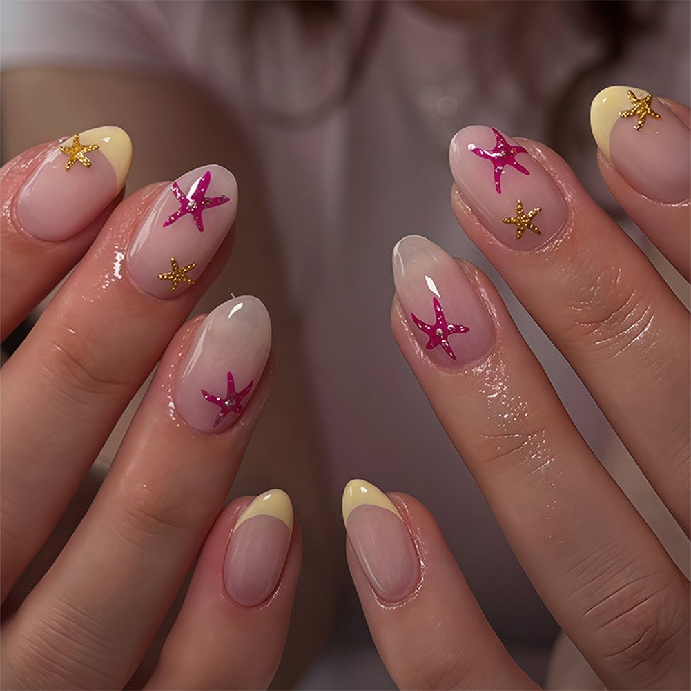 24PCS Starfish Motif Oval Press On Nails For french Style Nude Yellow Marine
