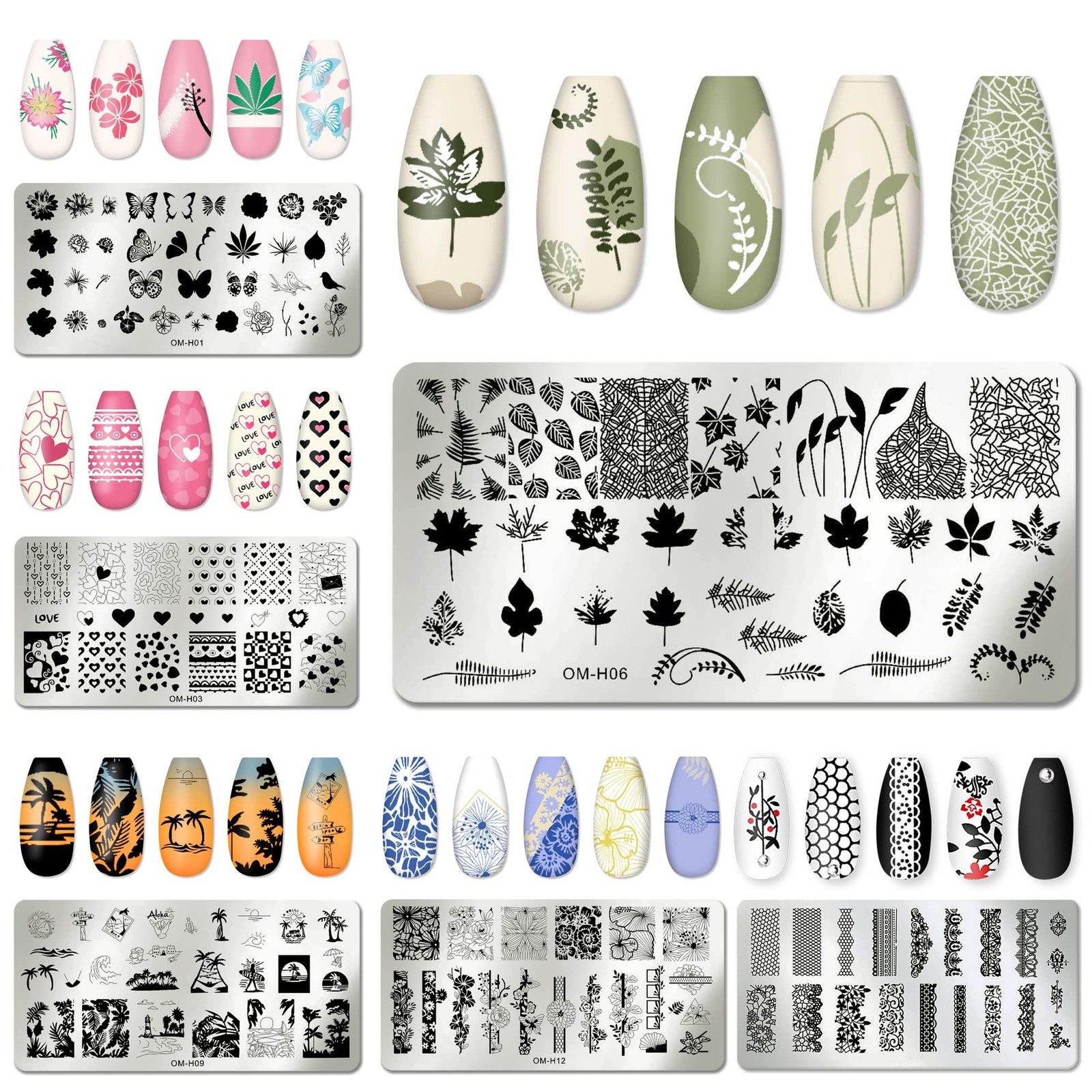 Nail Art Stamper Kit 6pcs Flower Heart Leaf Lace Butterfly Stamping Plate Tem…